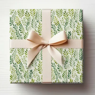 Elegant Green Leaves Gift Wrap with Beige Ribbon
