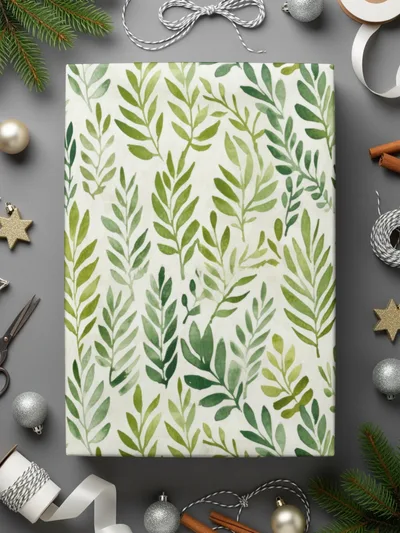 Festive Green Leaves Patterned Wrapping Paper