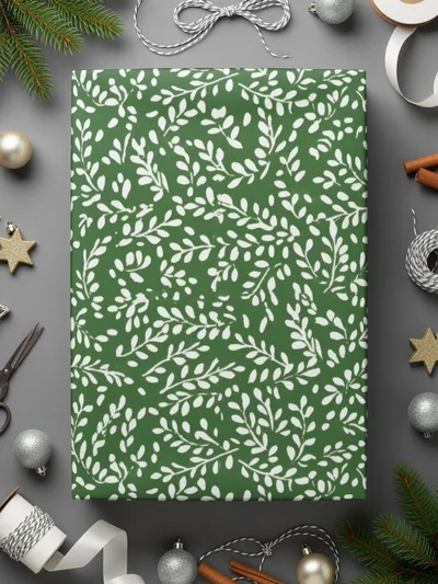 Green and White Holiday Leaf Print Wrapping Paper
