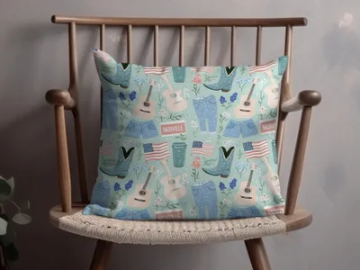 Nashville Themed Decorative Pillow with Music and Flags