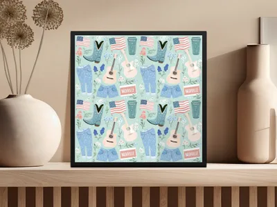 Vibrant Nashville Themed Print with Guitars and Flags