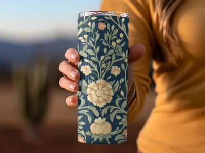Navy Blue and Gold William Morris Vines Background Green Peach Blue Digital - Moore and Mountain