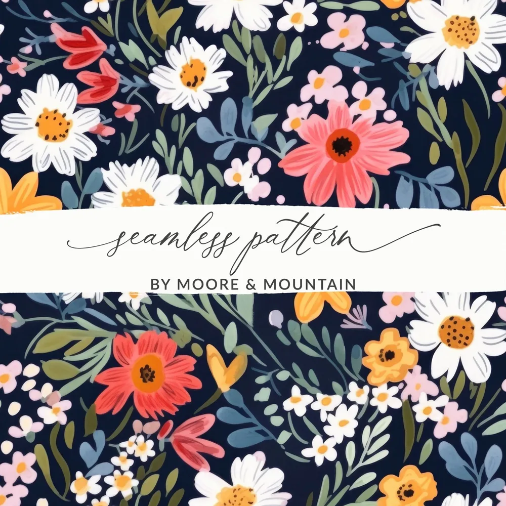 Navy Blue Colorful Ditsy Flowers on Dark Blue Spring Pattern Digital - Moore and Mountain