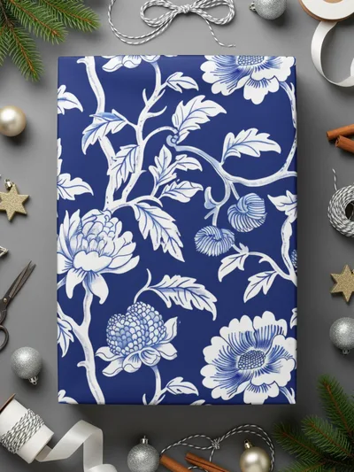Navy Blue Floral Pattern Digital Paper, White Flower Design, Seamless Tileable Texture, Chinoiserie Pattern - Moore and Mountain
