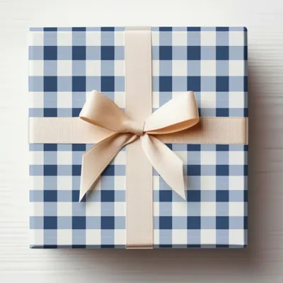 Elegant Blue Checkered Gift Box with Cream Bow