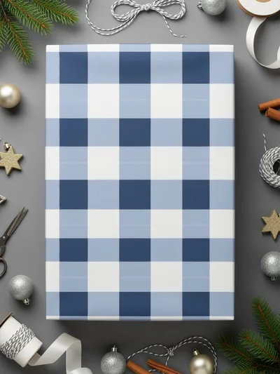 Blue and White Plaid Checkered Gift Wrap Paper