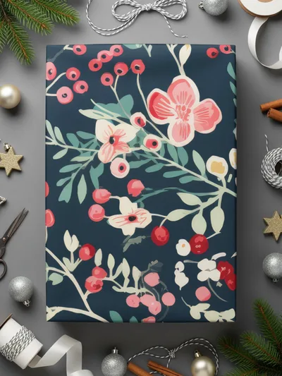 Festive Floral and Berry Design Wrapping Paper