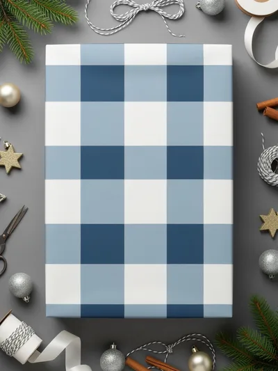 Blue and White Checkered Holiday Gift Wrapping Paper
