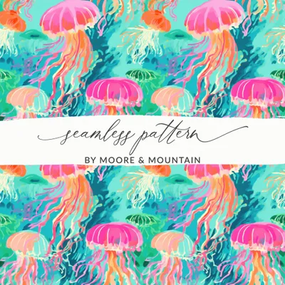 Neon Beachy Waves Seamless Bright Summery Jellyfish Pattern