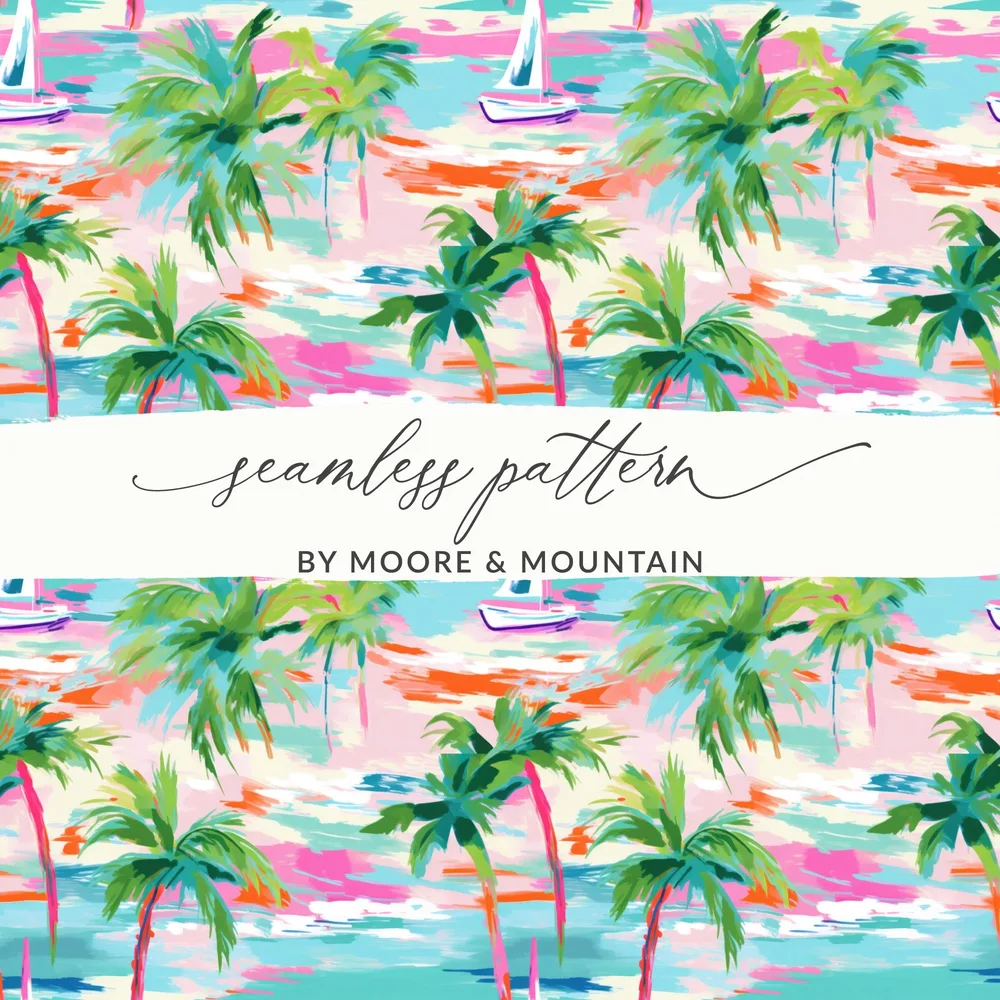 Colorful Tropical Palm Tree and Sailboat Seamless Pattern