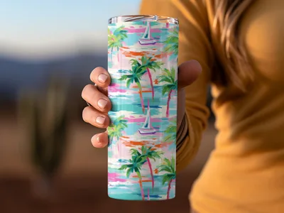 Tropical Palm Trees and Sailboats Themed Tumbler