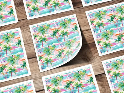 Vibrant Tropical Palm Trees Beach Scene Sticker Sheet