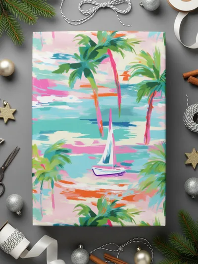 Vibrant Tropical Palm Trees and Sailboat Art Product