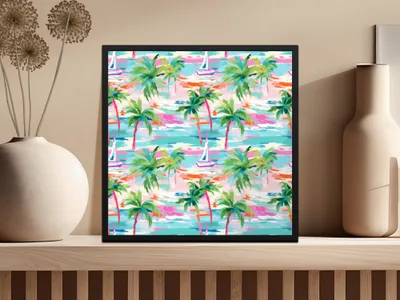 Colorful Tropical Palm Trees and Sailboats Wall Art
