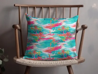 Tropical Beach Sunset Palm Trees Decorative Pillow