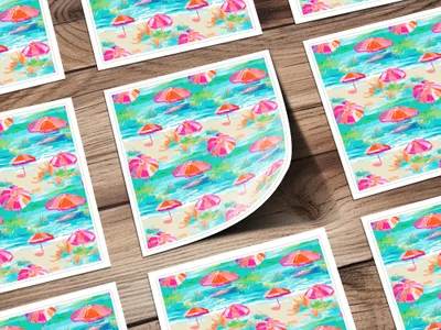 Vibrant Beach Day Design With Pink Umbrellas Poster