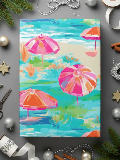 Vibrant Beach Scene with Pink Umbrellas Art Print