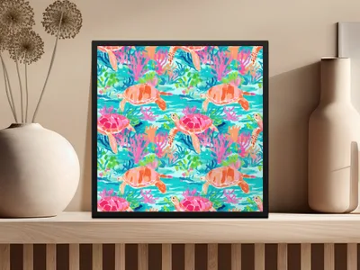 Colorful Sea Turtles and Coral Art Print Wall Decor