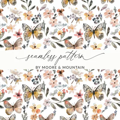 Neutral Watercolor Floral and Butterfly Seamless Print Digital