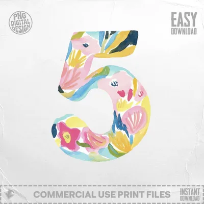 Floral number 5 design with "Easy Download" and "Commercial Use Print Files" text.
