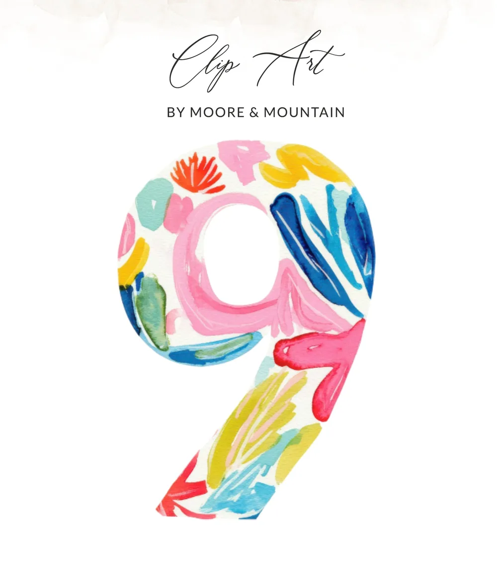 Watercolor number 9 with colorful abstract floral patterns by Moore & Mountain.