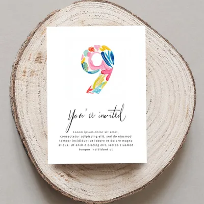 Invitation with colorful number 9 and "You're invited" text.