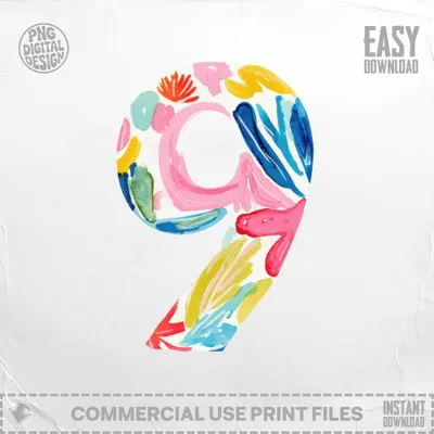 Colorful abstract watercolor number 9 with "Easy Download" text.