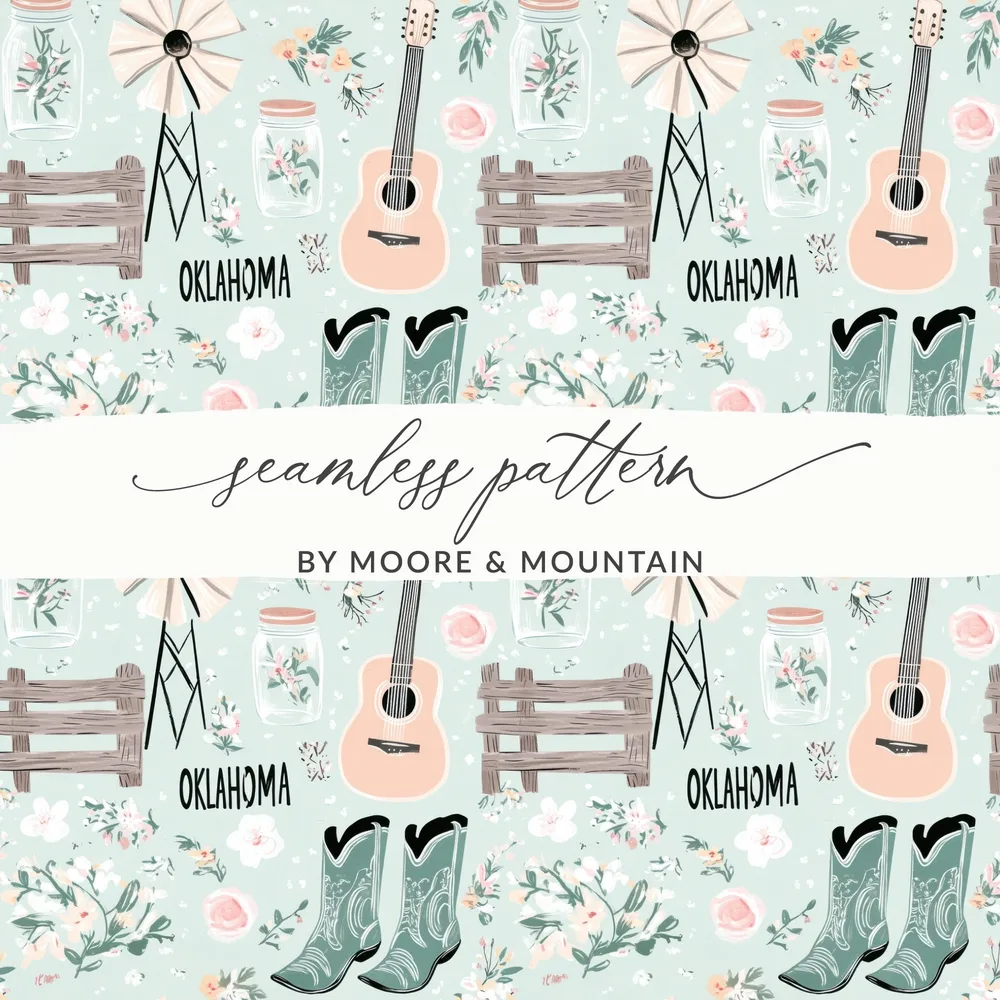 Oklahoma Country Music Floral Mason Jar Seamless Pattern