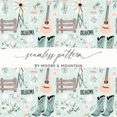 Oklahoma Seamless Pattern, Country Western Digital Paper, Farmhouse Floral Boots Guitar Windmill Print, Mason Jar Fence Background, Instant