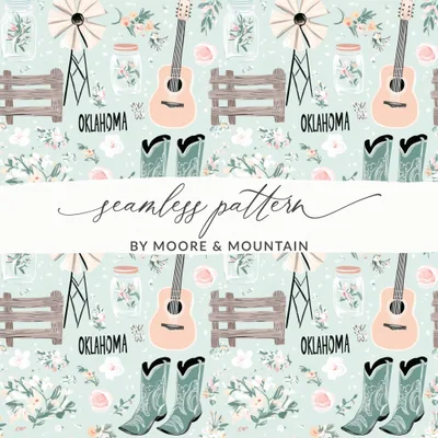 Oklahoma Western Country Seamless Pattern, Cowboy Boots Guitar Windmill Mason Jar Floral Print, Farmhouse Theme Digital Download