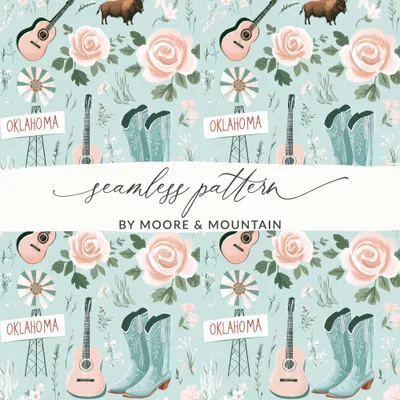 Oklahoma Western Digital Paper, Seamless Pattern, Bison, Guitar, Cowboy Boots, Floral Background, Country Digital File, Boho Western