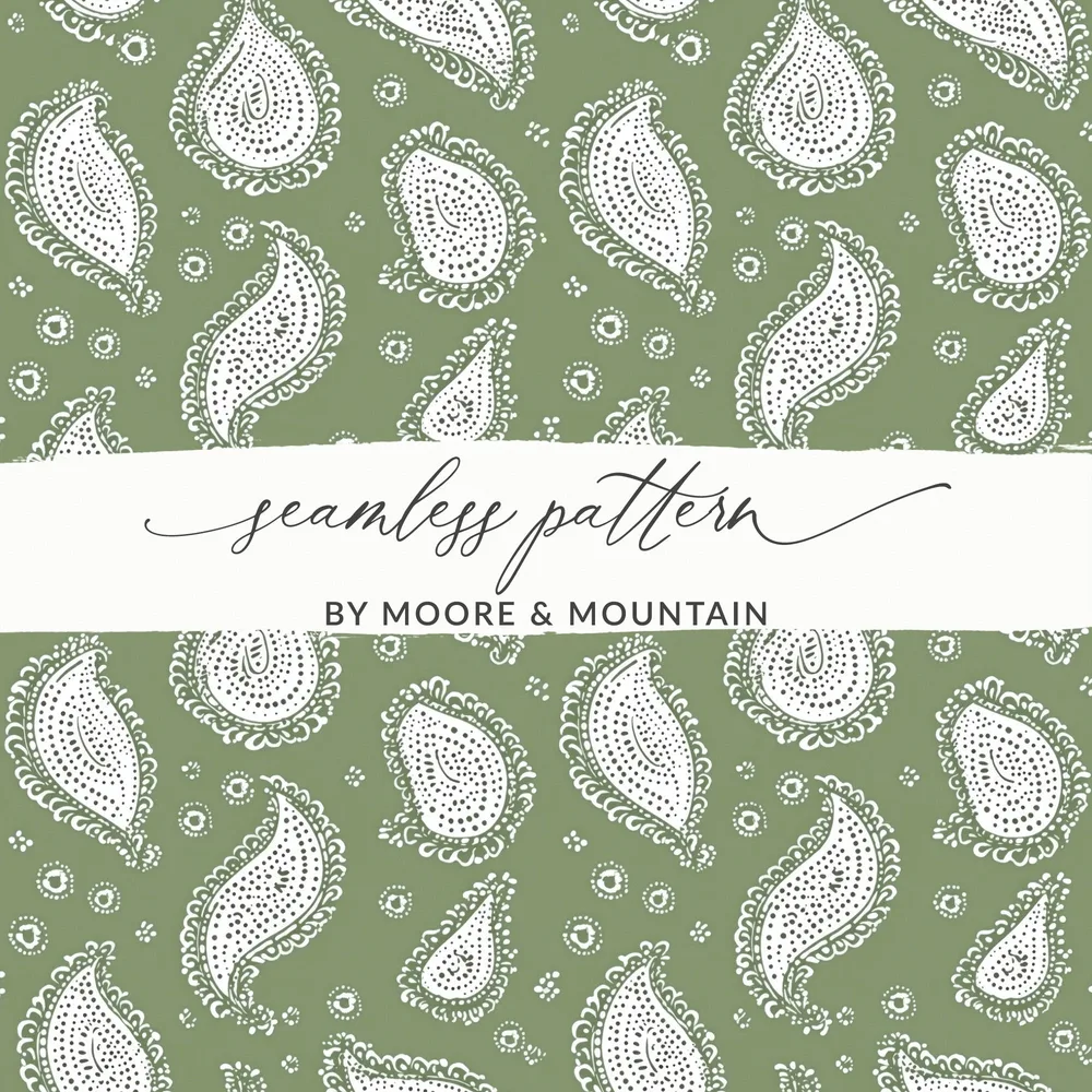 Olive Green Paisley Digital Paper, White Boho Pattern, Seamless Textile Design, Printable Fabric Background, Scrapbooking Paper - Moore and Mountain