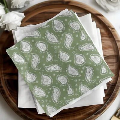 Olive Green Paisley Digital Paper, White Boho Pattern, Seamless Textile Design, Printable Fabric Background, Scrapbooking Paper - Moore and Mountain