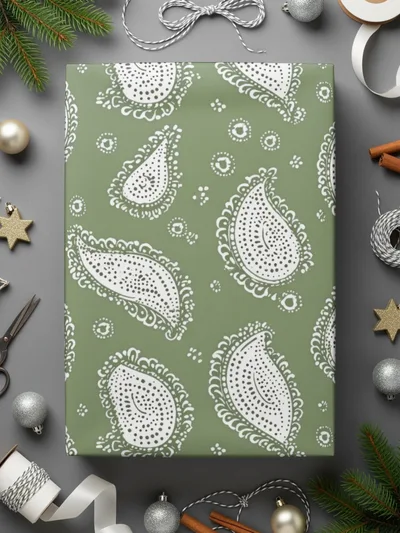 Olive Green Paisley Digital Paper, White Boho Pattern, Seamless Textile Design, Printable Fabric Background, Scrapbooking Paper - Moore and Mountain
