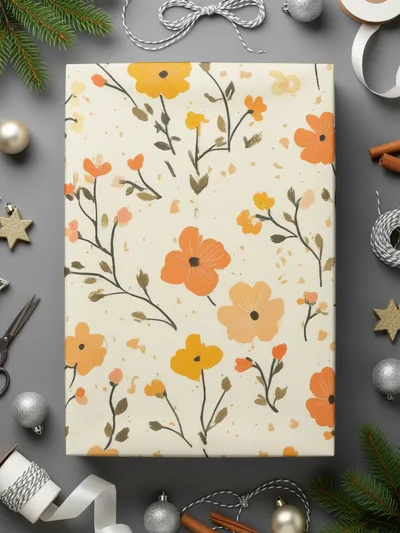 Floral Gift Wrap with Orange and Yellow Flowers