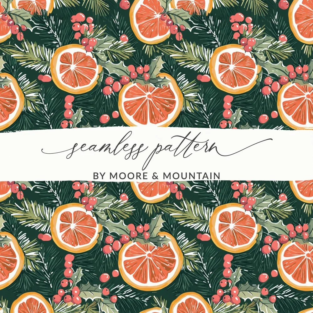 Orange Christmas Digital Paper, Winter Holiday Pattern, Seamless Citrus Print, Evergreen Background, Festive Scrapbook Paper, Printable - Moore and Mountain