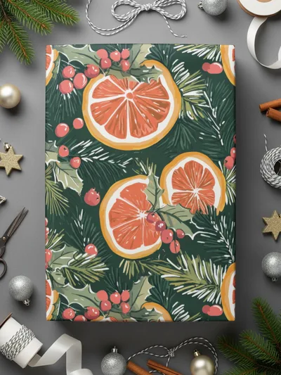 Orange Christmas Digital Paper, Winter Holiday Pattern, Seamless Citrus Print, Evergreen Background, Festive Scrapbook Paper, Printable - Moore and Mountain