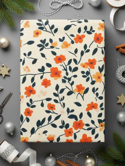 Festive Floral Gift Wrap with Orange and Green Pattern