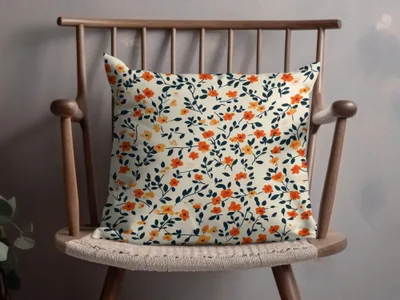 Vibrant Orange and Navy Floral Patterned Pillow