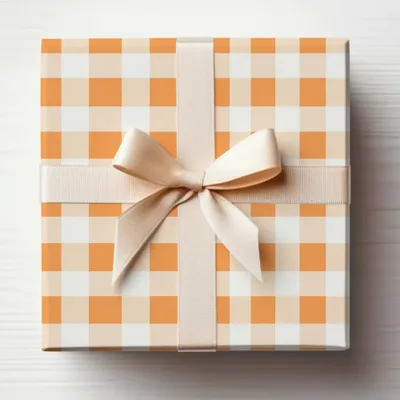 Orange and White Checkered Gift Box with Ribbon