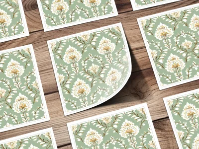 Ornate Floral Repeat Pattern Pale Green Background Indian Motif Geometric - Moore and Mountain