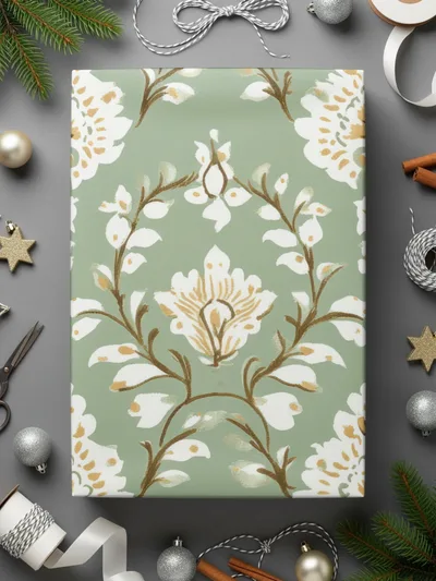 Ornate Floral Repeat Pattern Pale Green Background Indian Motif Geometric - Moore and Mountain