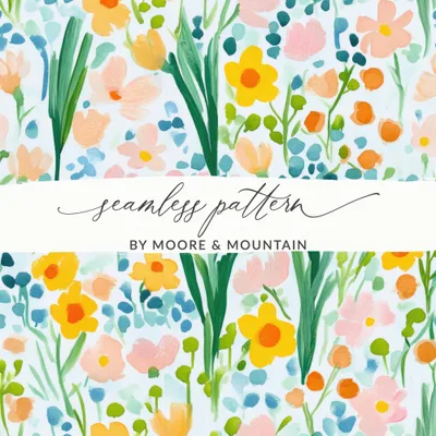 Painted Acrylic Spring Flower Pattern, Yellow Daisies, Blush and Sage Green Floral Design, Seamless Flower Field, Digital Download