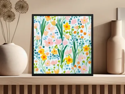 Vibrant Handmade Floral Artwork in Black Frame Wall Art