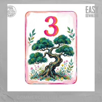 Painted Mahjong Tile PNG Digital Download, Pink Bonsai Tree 3 Bamboo Clipart, Chinoiserie Grandmillennial Art, Preppy Game Night Printable