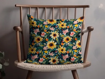 Colorful Sunflower and Leaves Pattern Cushion