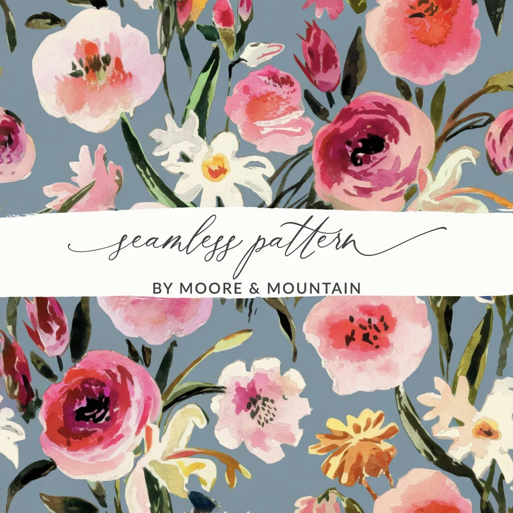Painted Watercolor Roses Against a Gray Blue Background Digital Seamless Pattern Download - Moore and Mountain