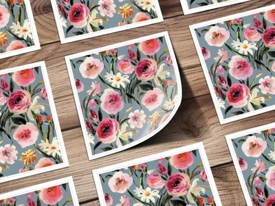 Painted Watercolor Roses Against a Gray Blue Background Digital Seamless Pattern Download - Moore and Mountain