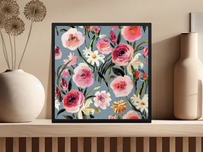Painted Watercolor Roses Against a Gray Blue Background Digital Seamless Pattern Download - Moore and Mountain