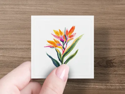 Watercolor illustration of a bird of paradise flower on a white card.